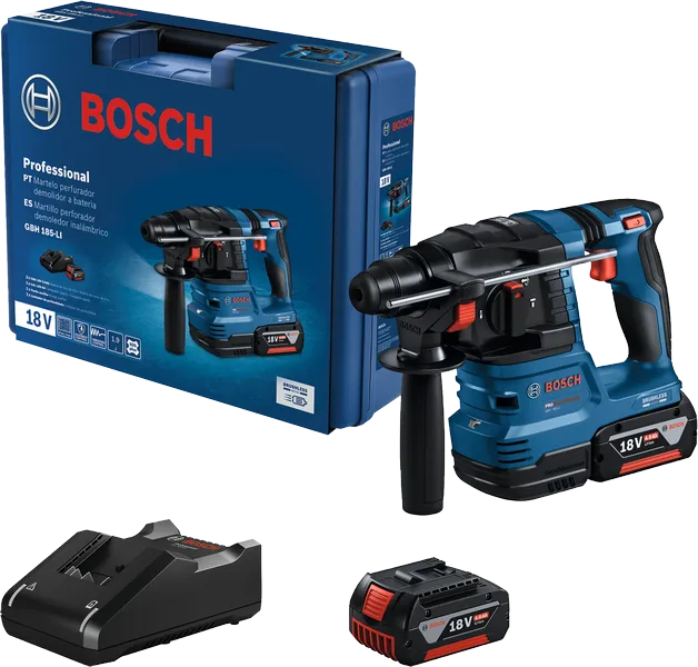 Taladro percutor rotativo Bosch GBH 185-LI con batería de 18 V y cargador.