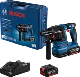 Taladro percutor rotativo Bosch GBH 185-LI con batería de 18 V y cargador.
