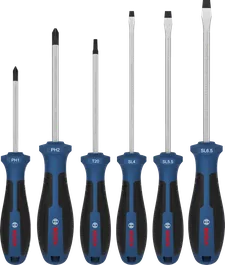 Juego de destornilladores Bosch de 6 piezas con mangos codificados por colores.