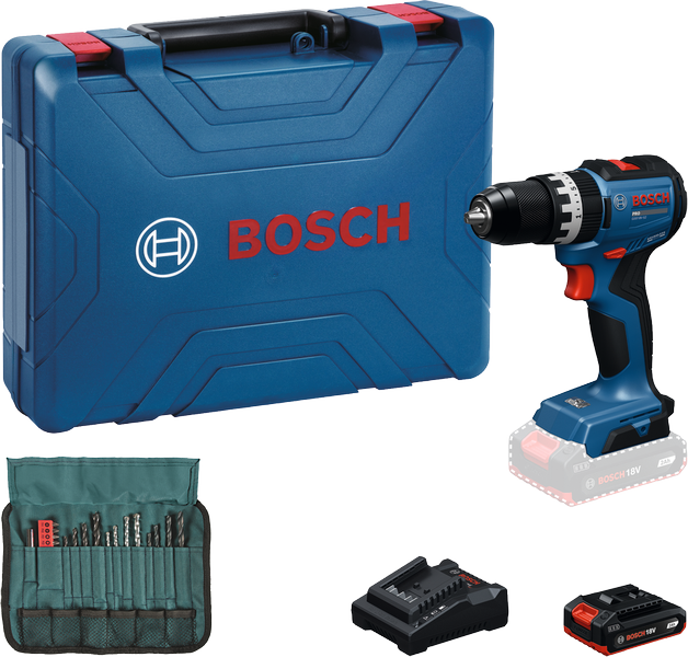 Kit taladro inalámbrico Bosch GSB 18V-52 con maletín y accesorios.