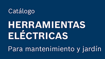 Portada de catálogo azul con texto sobre herramientas eléctricas para jardín.