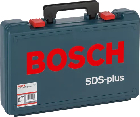 Bosch SDS-plus-Kunststoffkoffer mit Tragegriff und roten Verschlüssen.