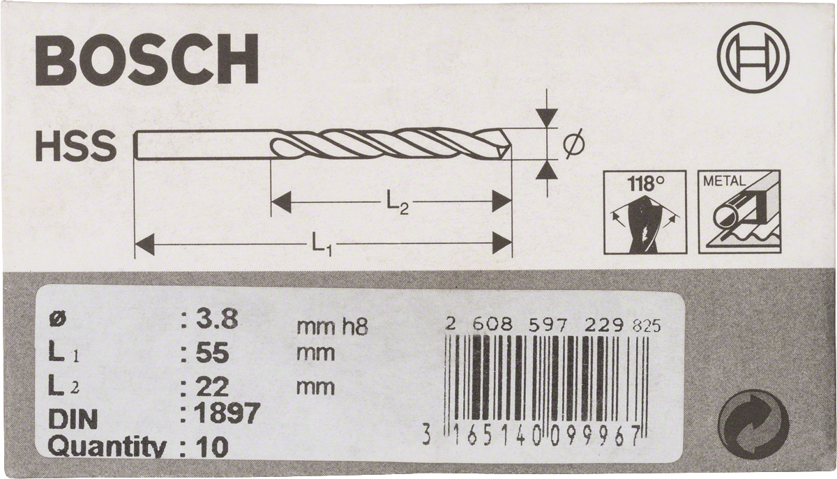 Bosch HSS-R Kurzbohrer 3,8 mm für Metall, DIN 1897.