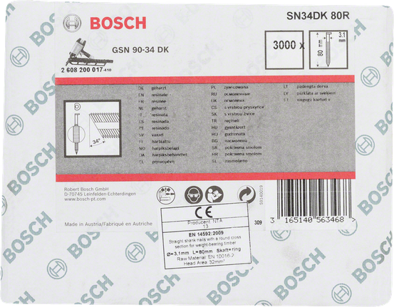 Bosch GSN 90-34 DK Nägel mit geradem Schaft, 3,1 mm x 80 mm.