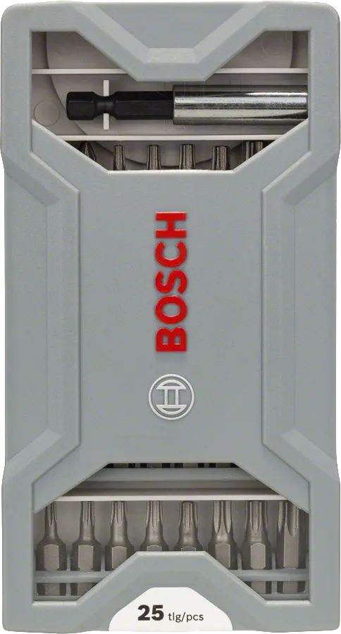 Bosch 25-teiliges Schraubendreher-Bit-Set im grauen Koffer.