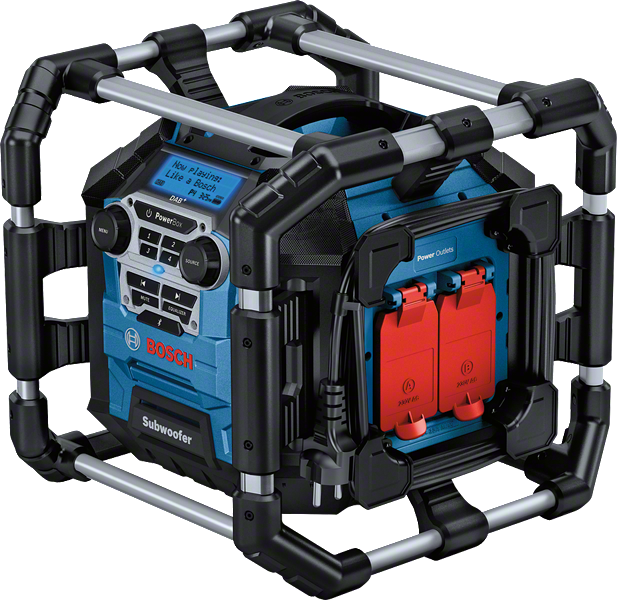 Bosch GPB 18V-5 SC Radio mit Subwoofer und Steckdosen.