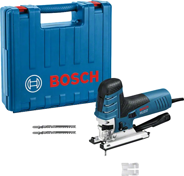 Stichsäge Bosch GST 150 CE mit Koffer und Sägeblättern.