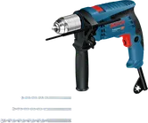 Bosch GSB 13 RE Bohrmaschine mit Griff und drei Bohrern.