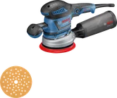 Schleifgerät Bosch GEX 40-150 mit Staubbox und Schleifteller.