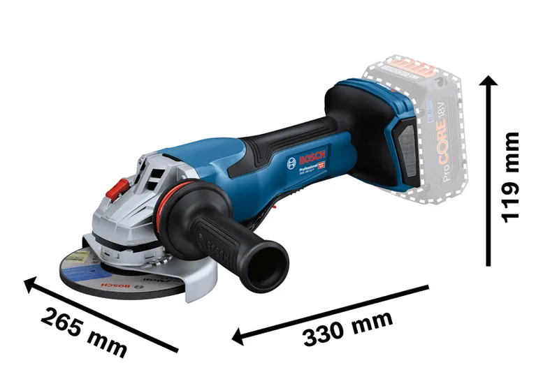 Bosch GWS 18V-15 P Akku-Winkelschleifer mit Abmessungen.