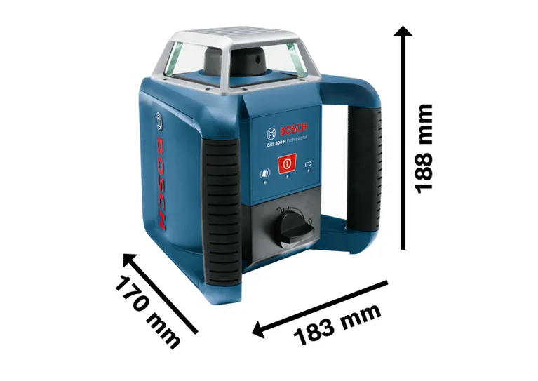 Bosch GRL 400 H Rotationslaser-Nivelliergerät mit Abmessungen.