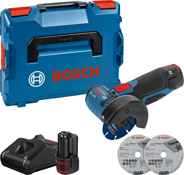 Bosch GWS 12V-76 Akku-Winkelschleifer-Set.