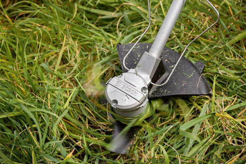 Akku-Freischneider schneidet hohes Gras mit rotierender Klinge.