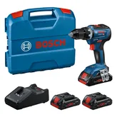 Bosch GSR 18V-55 Akku-Bohrschrauber-Set mit Koffer und drei Akkus.