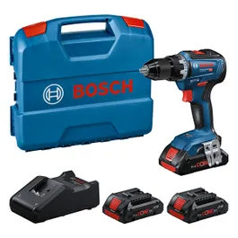 Bosch GSR 18V-55 Akku-Bohrschrauber-Set mit Koffer und drei Akkus.