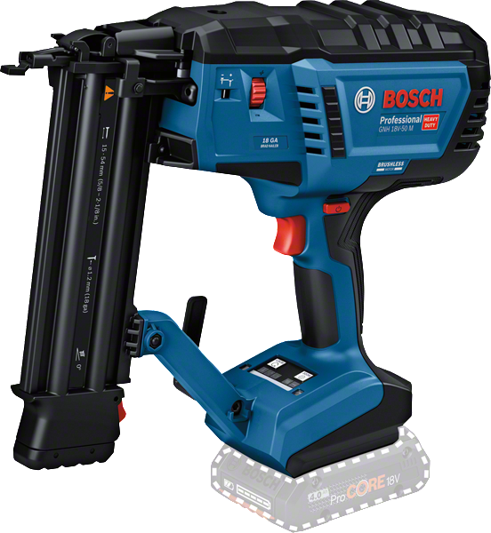 Bosch GNH 18V-50 M Akku-Stauchkopfnagler mit einer Kapazität von 18 Gauge.