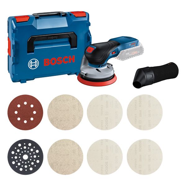 Bosch GEX 18V-125 Schleifer mit Koffer und Schleifscheiben-Set.
