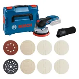Bosch GEX 18V-125 Schleifer mit Koffer und Schleifscheiben-Set.