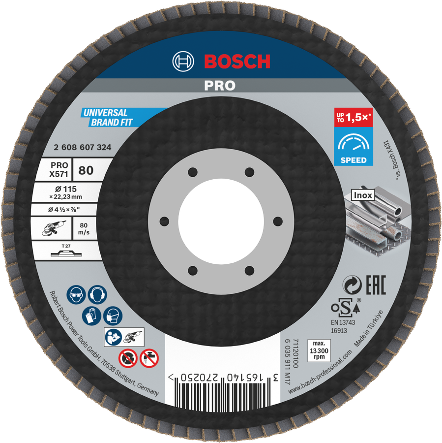 Bosch PRO X571 Fächerscheibe 115 mm G80 zum Metallschleifen.