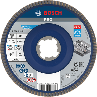 Bosch PRO X571 Fächerscheibe 125 mm G80 zum Metallschleifen.