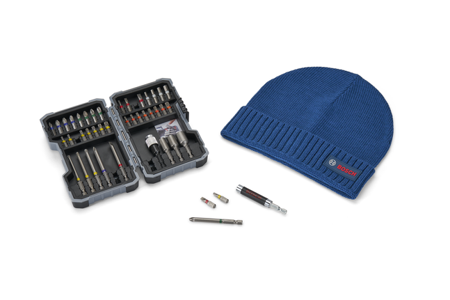 Bosch Winter-Promo-Bitset mit blauer Beanie.