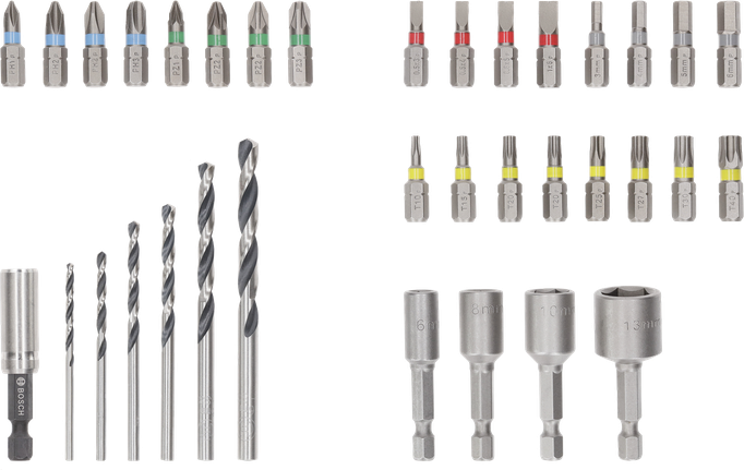 Bosch Extra Hard Schrauberbit und Metall-HSS-Bohrer-Set, Display mit 35 Teilen.