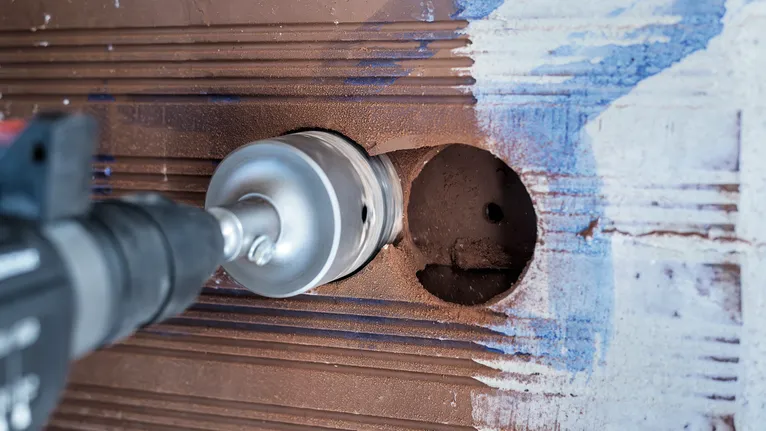 Ein Drehbohrer mit Lochsägenaufsatz schneidet eine kreisförmige Öffnung in eine geflieste Wand.