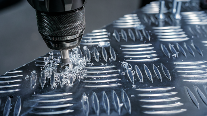 Bohren Sie ein Loch in ein strukturiertes Metallblech, Metallspäne werden verstreut.