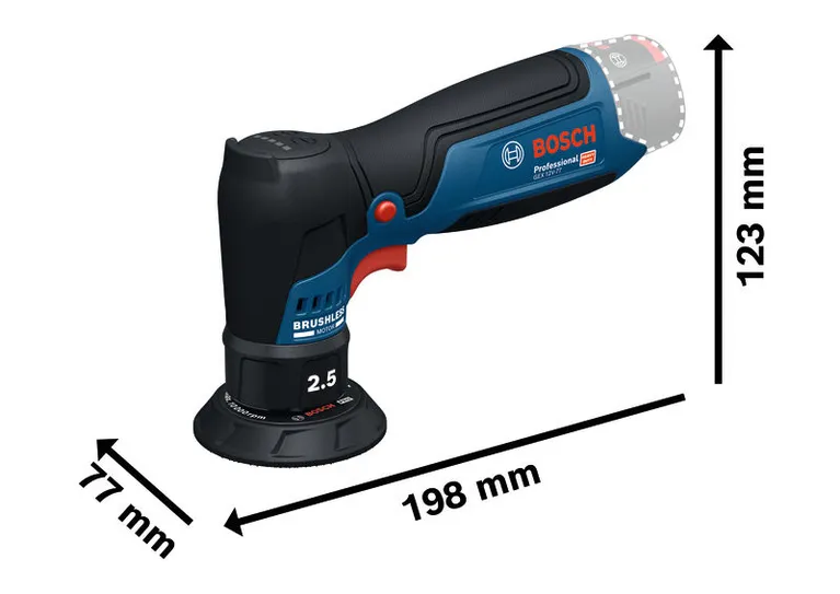 Abmessungen des kompakten Exzenterschleifers Bosch GEX 12V-77.