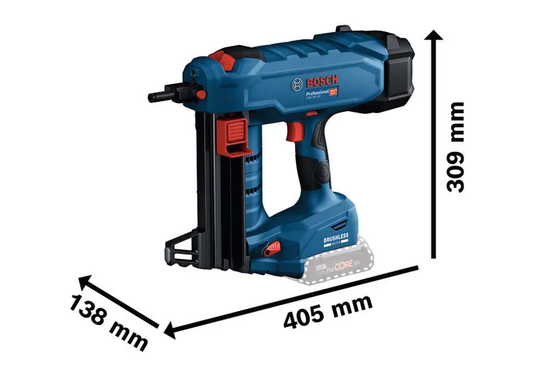 Bosch GNB 18V-40 Akku-Betonnagler mit Abmessungen.