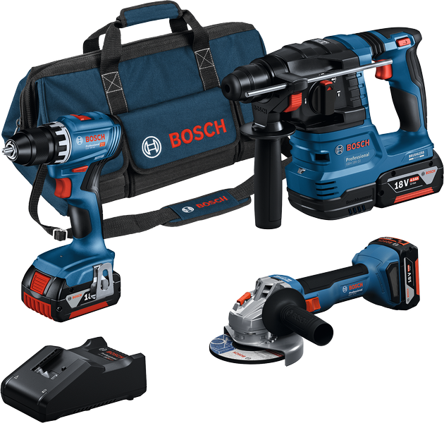 Bosch 18V 3 Werkzeugsatz GSR GWS GBH mit Ladegerät und Tasche.