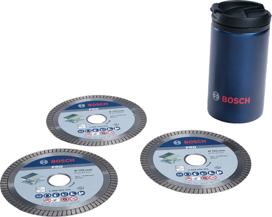 Bosch Best Ceramic Diamond Kit mit drei Trennscheiben und Tumbler.