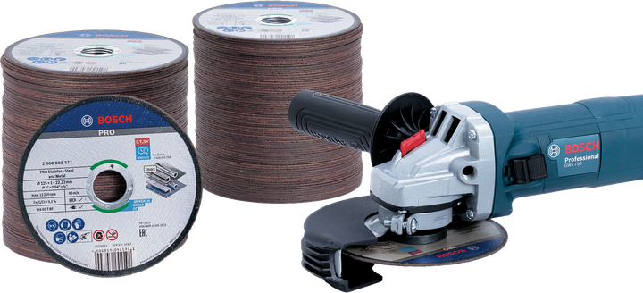 Bosch GWS 750 Bundle 125 mm Winkelschleifer mit Trennscheiben.