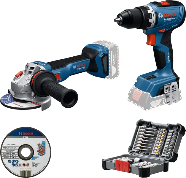 Bosch GSR 18V-65 und GWS 18V-11 Kombi-Set mit Bits und Trennscheibe.