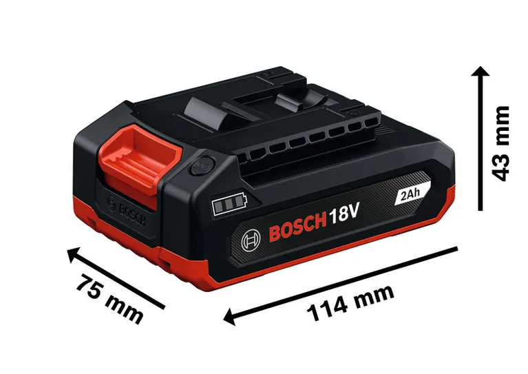 Bosch 18V 2Ah Akku mit Abmessungen.