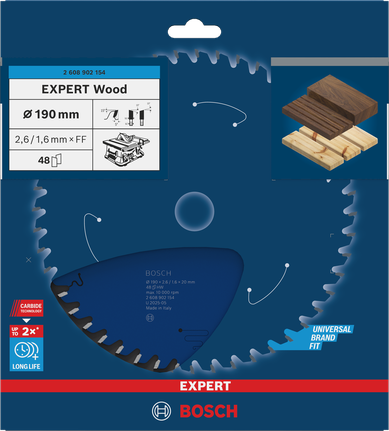 Bosch EXPERT Wood Kreissägeblatt 190mm T48 für präzise Holzschnitte.
