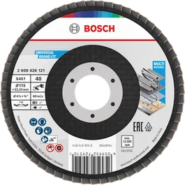 Bosch X451 Fächerscheibe 115 mm G40 für verschiedene Materialien.