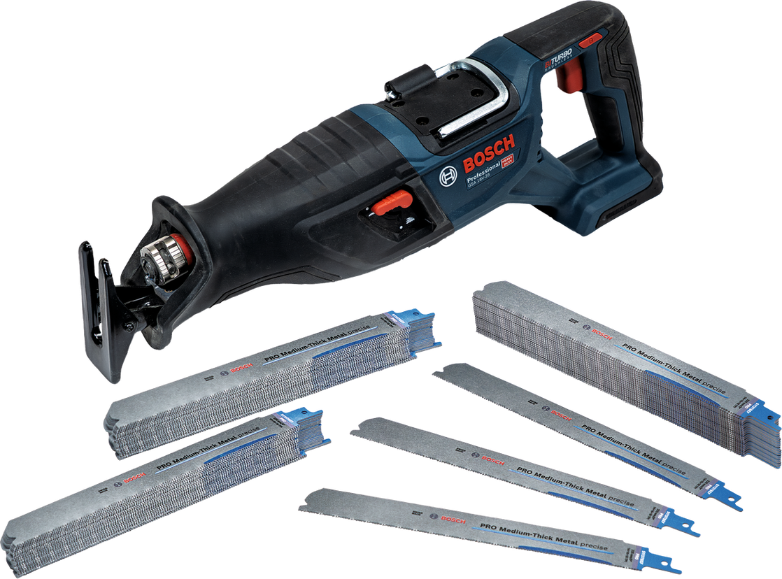 Bosch PRO Medium-Thick Metal RSB und GSA 18V-28 Säbelsäge mit Sägeblättern.