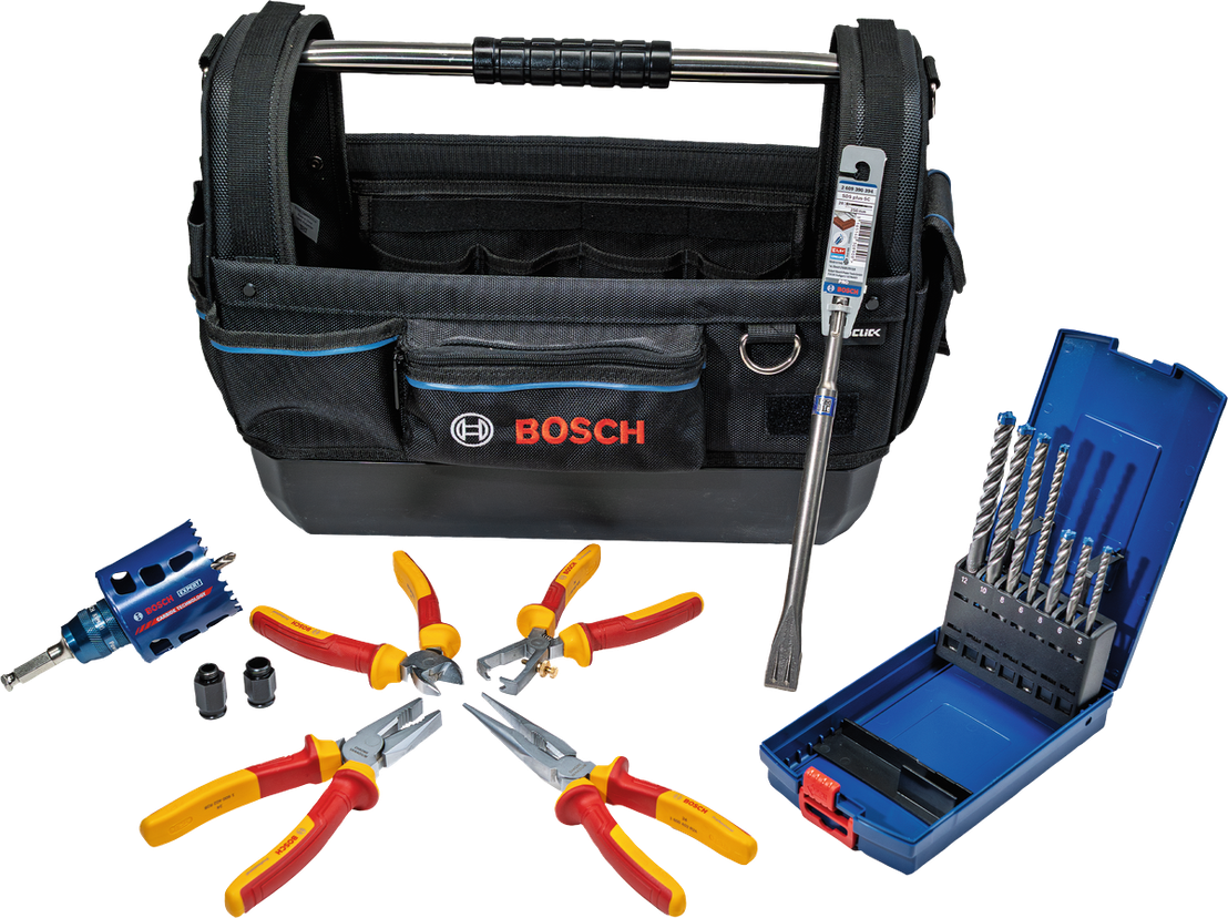 Bosch Elektriker-Set mit Bohrern, Zange und Werkzeugtasche.