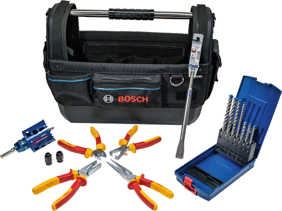 Bosch Elektriker-Set mit Bohrern, Zange und Werkzeugtasche.