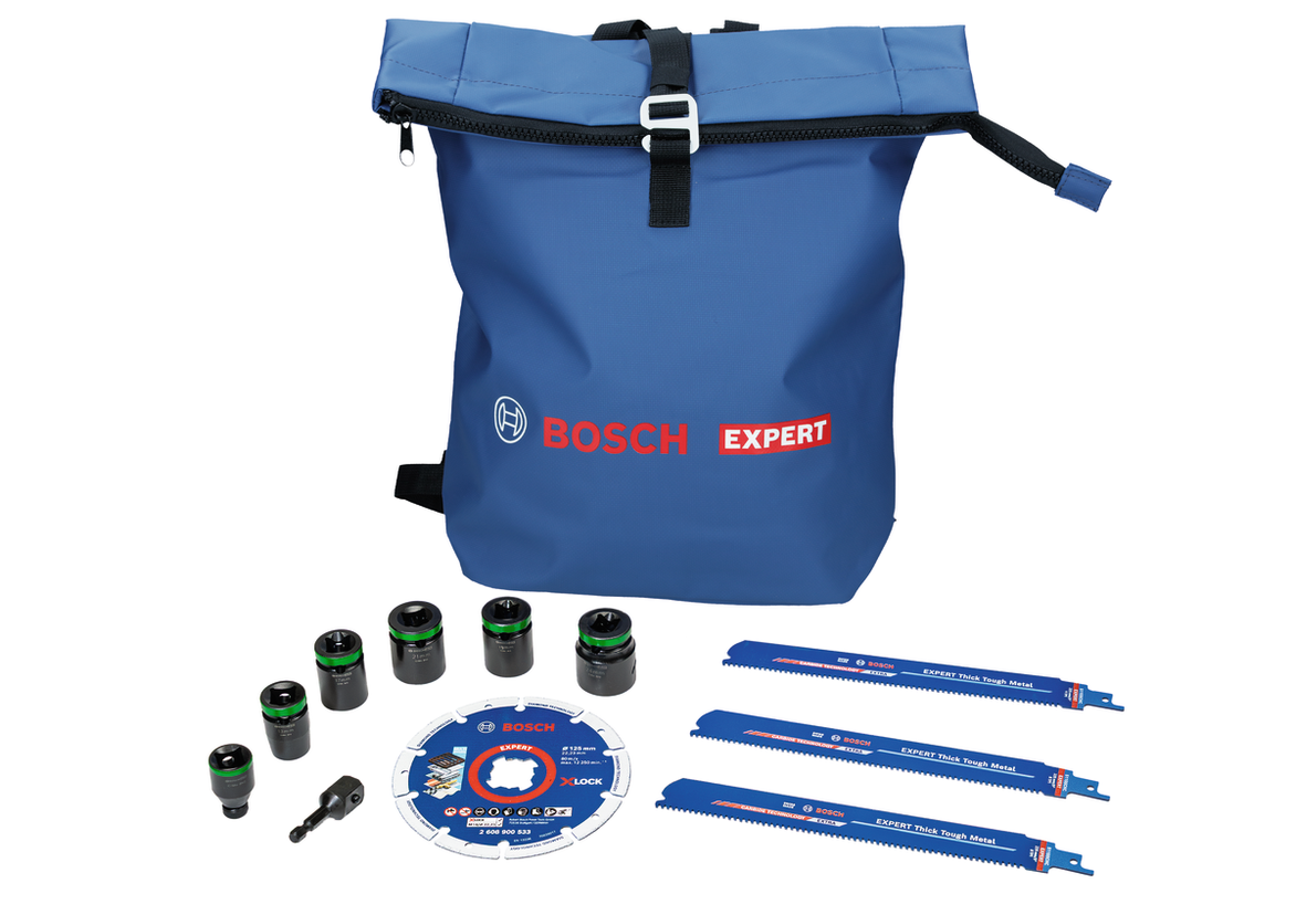Bosch EXPERT Abbruch- und Montage-Set mit blauer Tragetasche.