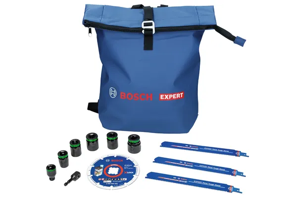 Bosch EXPERT Abbruch- und Montage-Set mit blauer Tragetasche.