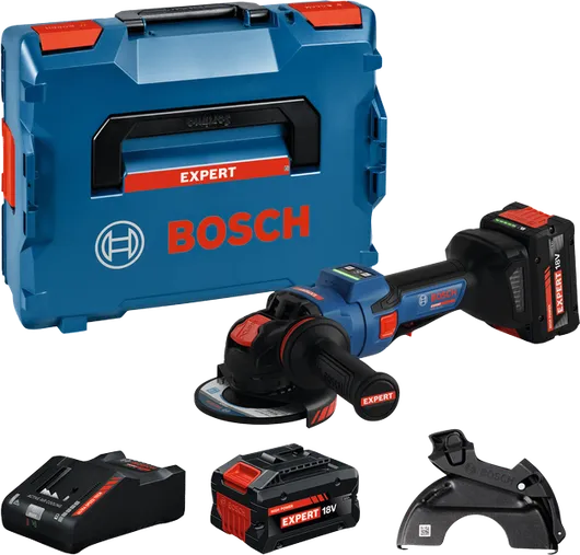 Bosch Akku-Winkelschleifer-Set mit Koffer und Zubehör.