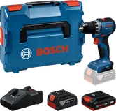 Bosch GSR18V-52 Bohrmaschinen-Set mit Koffer, Ladegerät und 18V-Akkus.