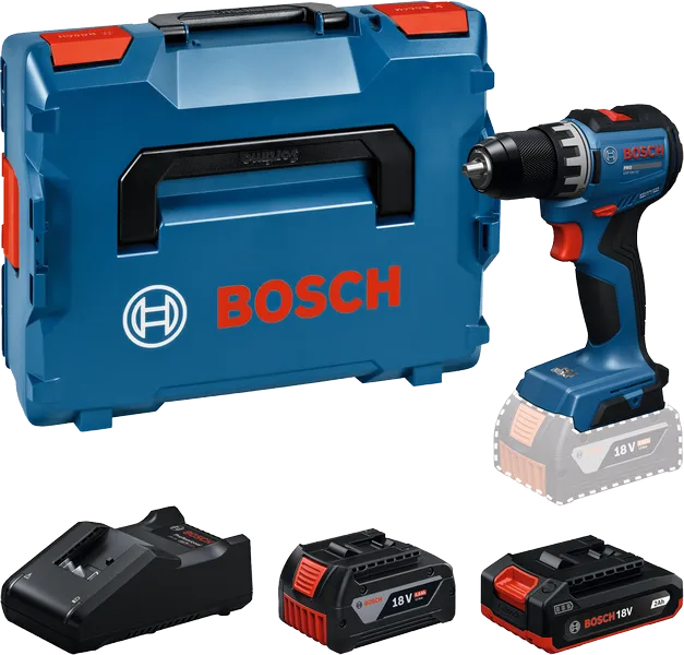 Bosch GSR18V-52 Bohrmaschinen-Set mit Koffer, Ladegerät und 18V-Akkus.