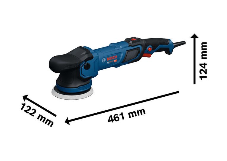 Bosch GPX9-125S Poliermaschine mit abgebildeten Abmessungen.