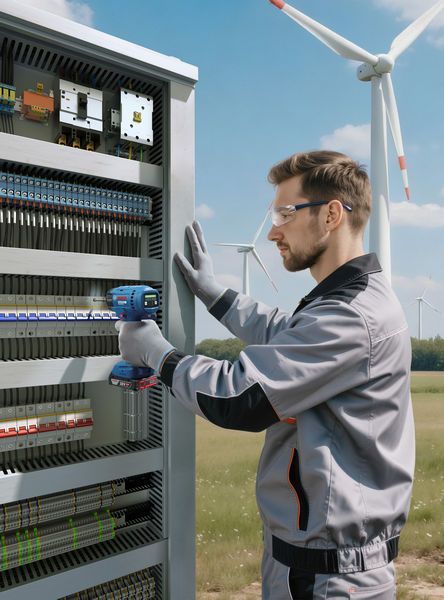 Eine Person, die Schutzausrüstung trägt, benutzt im Freien ein Akku-Werkzeug an einem Elektroschrank.