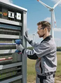 Eine Person, die Schutzausrüstung trägt, benutzt im Freien ein Akku-Werkzeug an einem Elektroschrank.