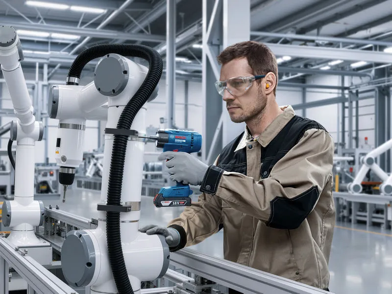 Ein Arbeiter in Schutzausrüstung bedient einen Akkuschrauber an einem Industrieroboterarm.