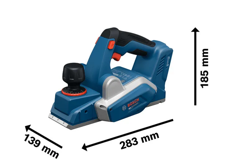 Bosch GHO18V-20 Akku-Hobelmaschine mit Abmessungen.